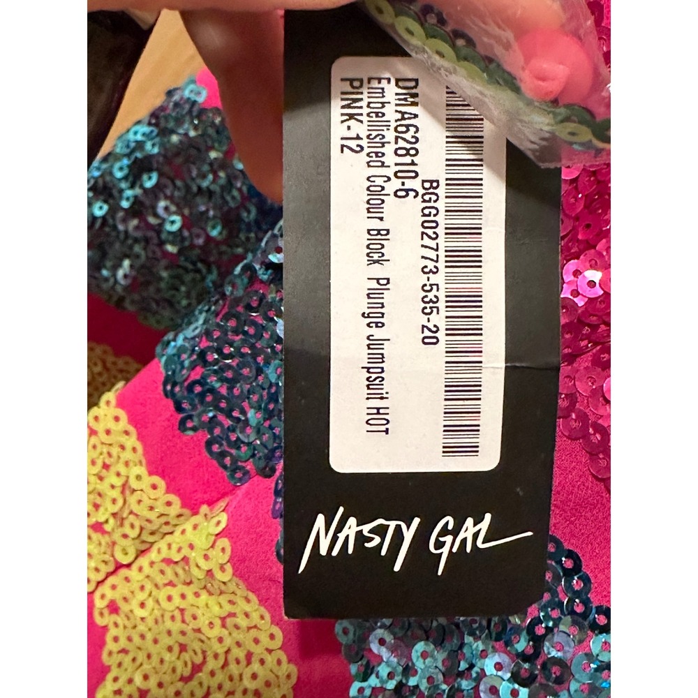 Nasty Gal Embellished Colour Block Plunge Jumpsuit Hot Pink Sequin Multi Size 8 - Picture 8 of 11